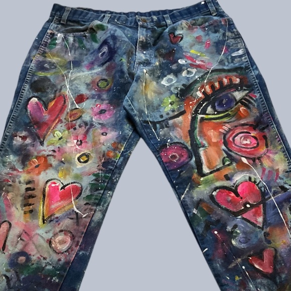 Hand Painted Vintage Jeans - Funky Face Design